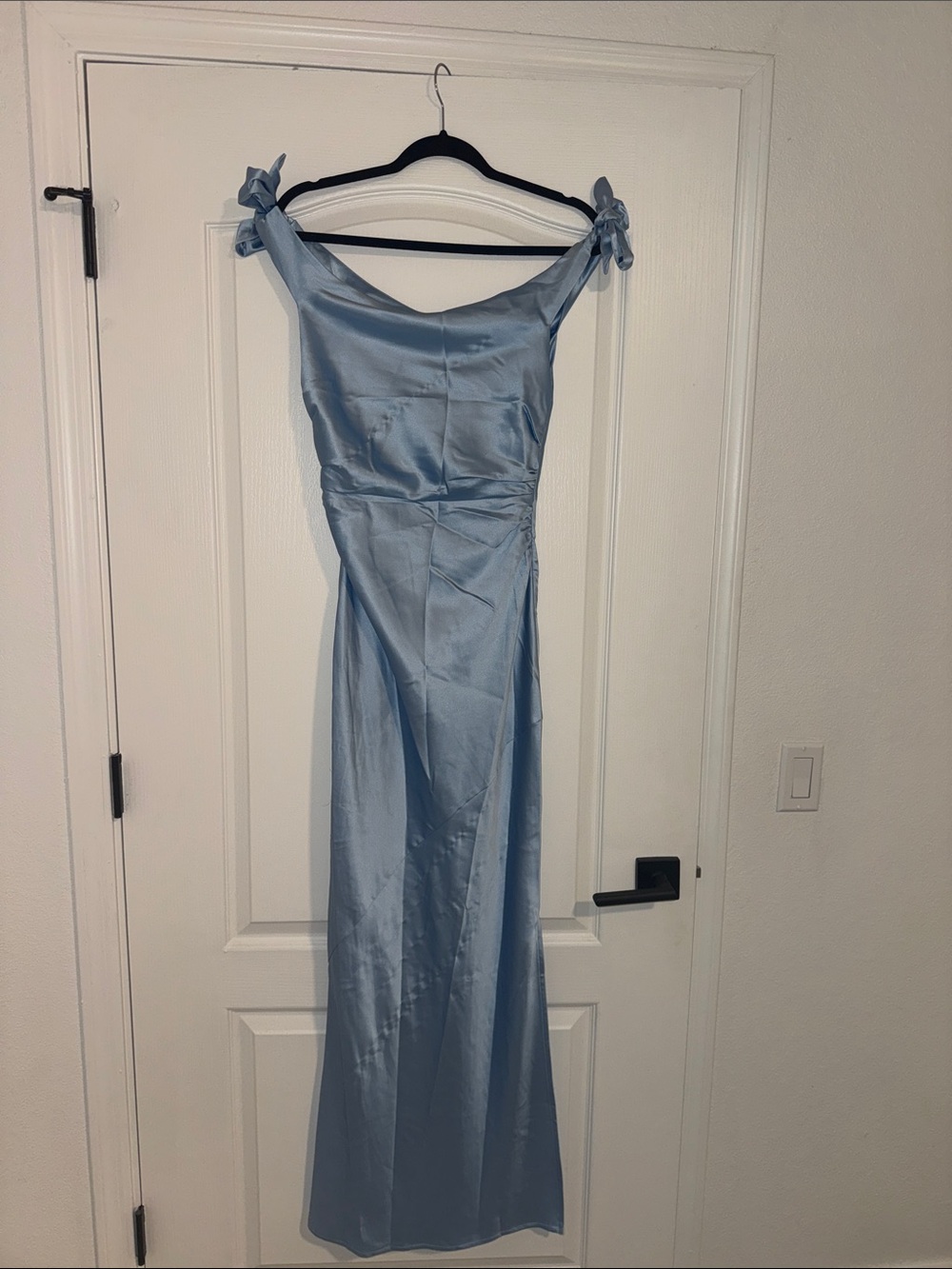 Satin Light Blue Off-Shoulder Tie-Strap Wedding Dress